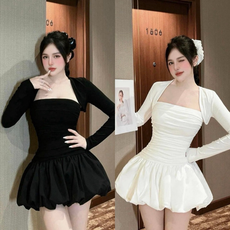 Teera พร้อมส่ง งานชุดเซตสองชิ้นเดรสสั้นเกาะอกกระโปรงทรงบอลลูนใส่สมด้านในทรงพองบาน ซิปหลัง มาพร้อมเสื้อคลุมแขนยาว