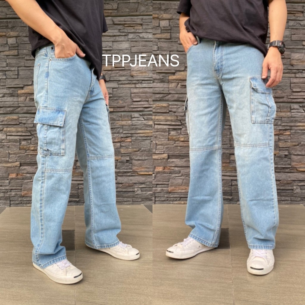 JEANSEXPRESS Cargo Denim กางเกงยีนส์คาร์โก้ชาย ทรงกระบอก สีบลูฟอกซีด กระเป๋าข้าง ทรงสวย เป้าซิป Size 28-36