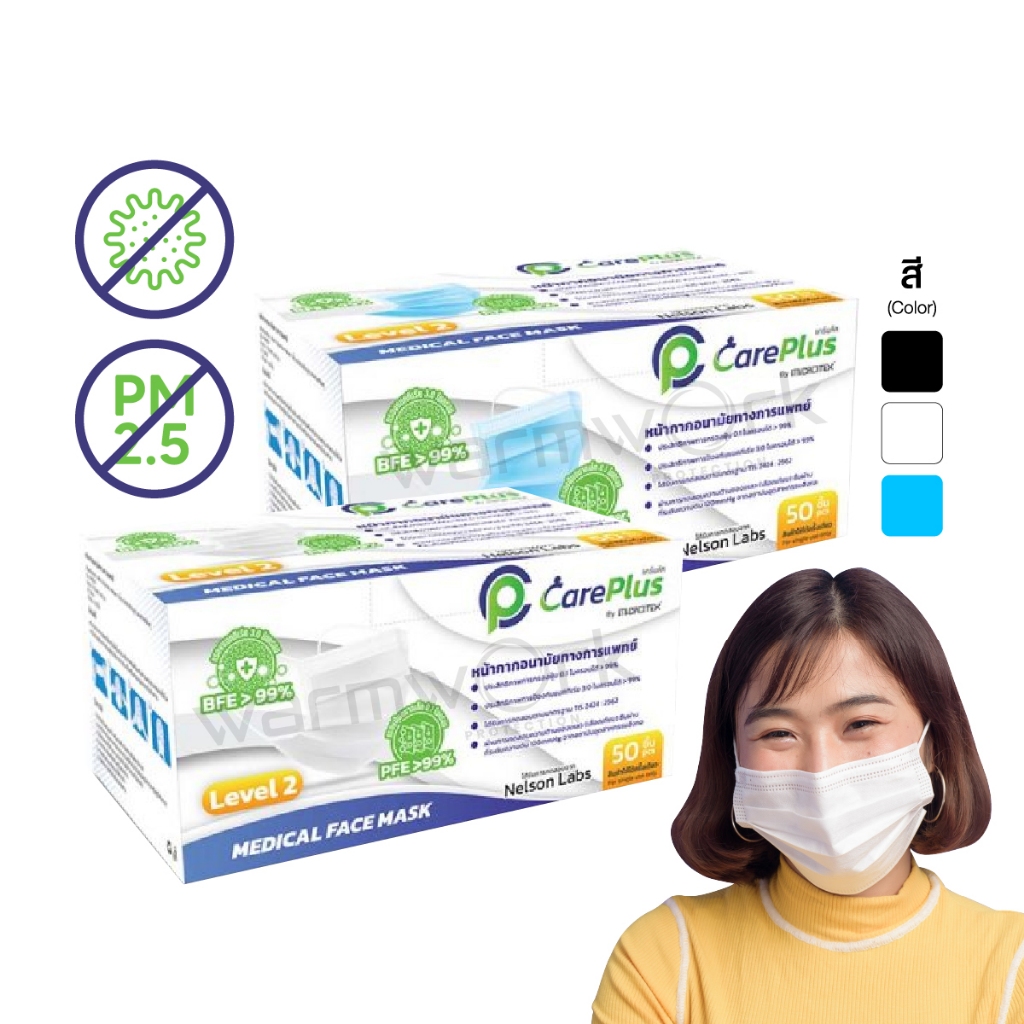 หน้ากากกันฝุ่น 3 ชั้น Careplus หน้ากากผู้ใหญ่สีขาว/ฟ้า/ดำ หน้ากากใช้แล้วทิ้ง ป้องกันฝุ่น PM2.5 กรองแ