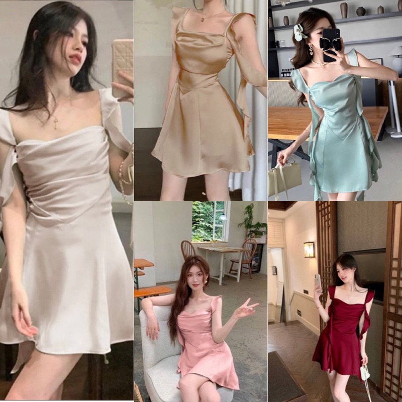 𝐌𝐀𝐘𝐔พร้อมส่ง มินิเดรสผ้าซาตินสายเดี่ยวซิปหลัง