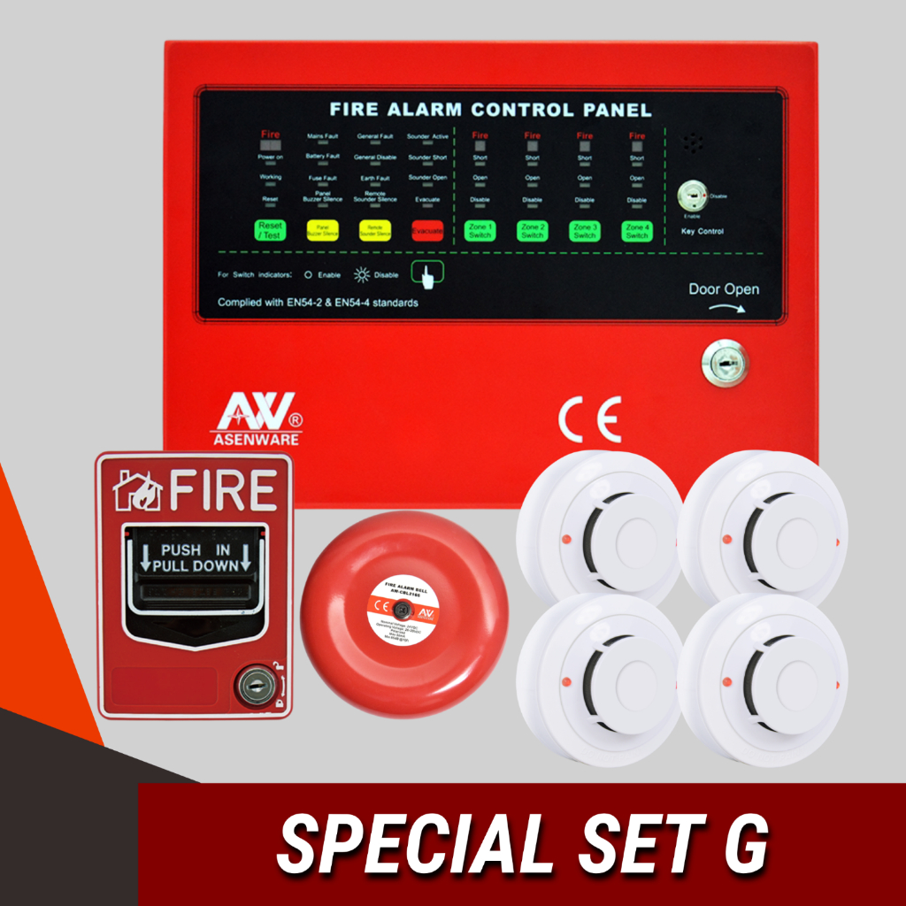 [รับประกัน 1 ปี] Asenware FCP 2 zone,  Alarm bell 6" 1 ตัว, Smoke detector 4 ตัว, Manual push 1 ตัว (G)