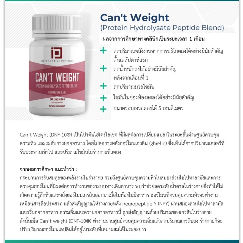 Can’t Weight - Integrative Peptides 60 caps ช่วยลดปริมาณการบริโภคแคลอรี่และลดมวลไขมันในร่างกายEXP2027