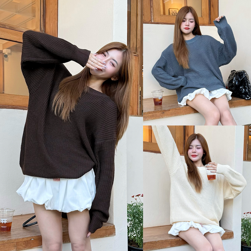 สเวตเตอร์ไหมพรม ทรงโอเวอร์ไซต์ สาวอวบใส่ได้จ้า อกยืดถึง50+ เสื้อกันหนาว สไตล์เกาหลี รุ่น สเวตเตอร์คอกลมโอเวอร์ไซต์