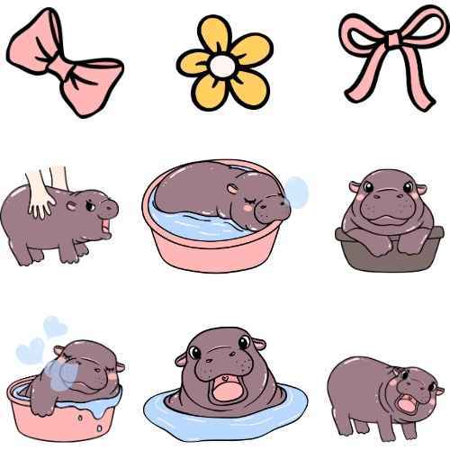 ตัวรีดติดเสื้อลายการ์ตูน ฮิปโปน้อย Set 2 น้องหมูเด้ง Moo Deng น่ารัก F.311 รีดง่ายแผ่นฟิมล์รีดร้อน