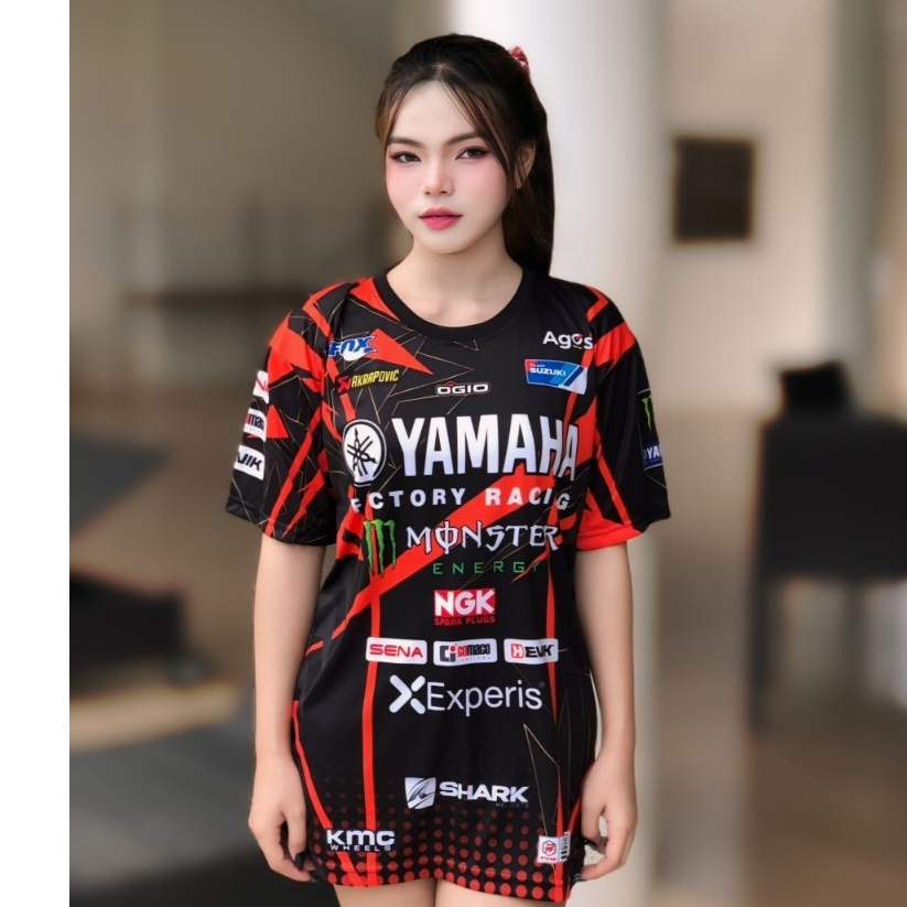เสื้อยืด YAMAHA เสื้อกีฬา ผ้าไมโครมันพรีเมี่ยมเกรดA สีดำคาดส้มแสด ป้าย LP