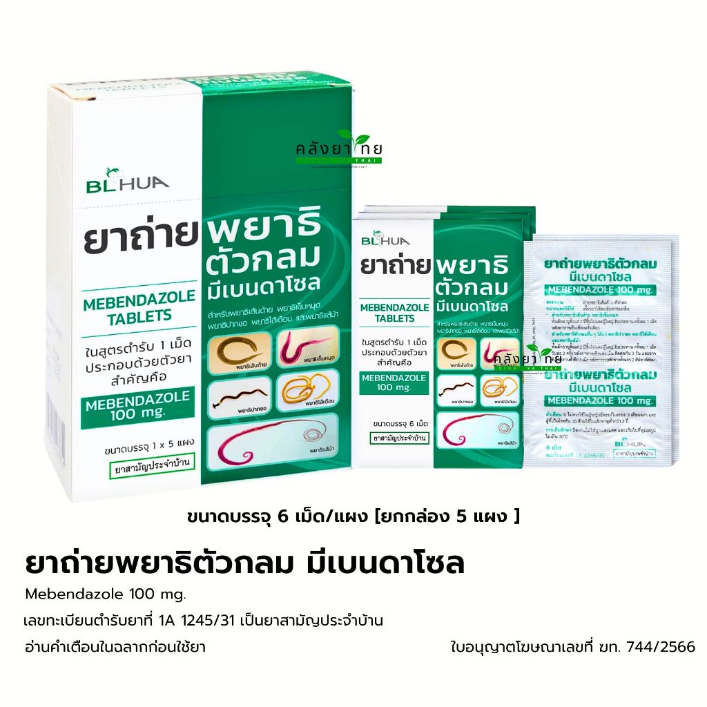 [ยกกล่อง] ยาถ่ายพยาธิตัวกลม Mebendazole 100 mg. ยาถ่ายพยาธิ แผงละ  6 เม็ด พร้อมส่ง