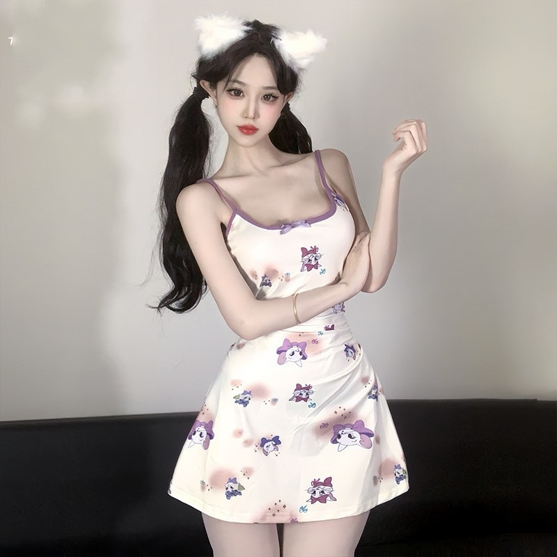 sexy lady🍂🍂ชุดนอนซาติน ชุดเดรสกระโปรง ลายแมวสีม่วง sexy ชุดนอนไม่ได้นอน พร้อมส่งจากไทย