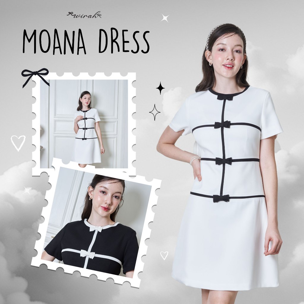 Moana Dress : WR08 ชุดเดรสผ้าพื้น Poly twill คอกลม แขนสั้น เย็บตัดต่อแถบเส้นที่คอเสื้อ และช่วงตัวแต่งด้วยโบว์