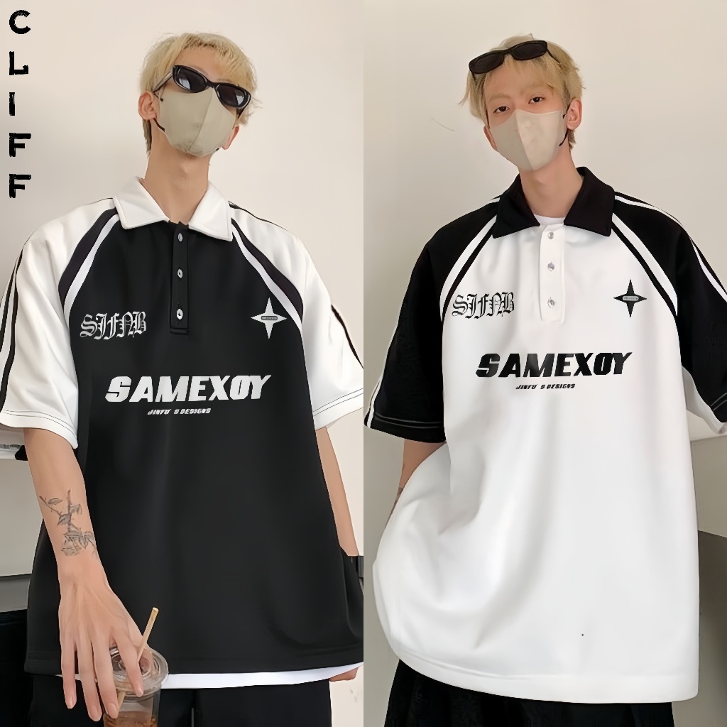 CLIFF เสื้อโปโลขาวดำ แขนสั้นตัวต่อสีขาว - ดำ ฤดูร้อน สไตล์อเมริกัน ชุดฮอกกี้ แถบลายทางแนวนอน