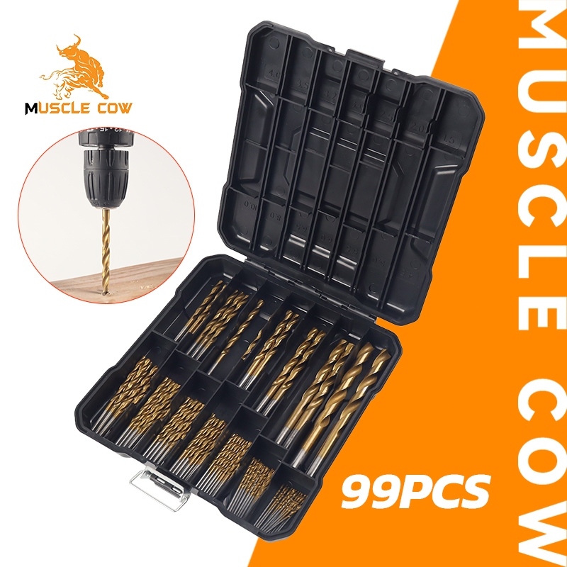 MUSCLE COW ชุดดอกสว่านเคลือบไทเทเนียม 99 ชิ้น (1.5-10 มม.) เจาะเหล็ก สแตนเลส และไม้ มาพร้อมกล่องเหล็กคุณภาพสูง