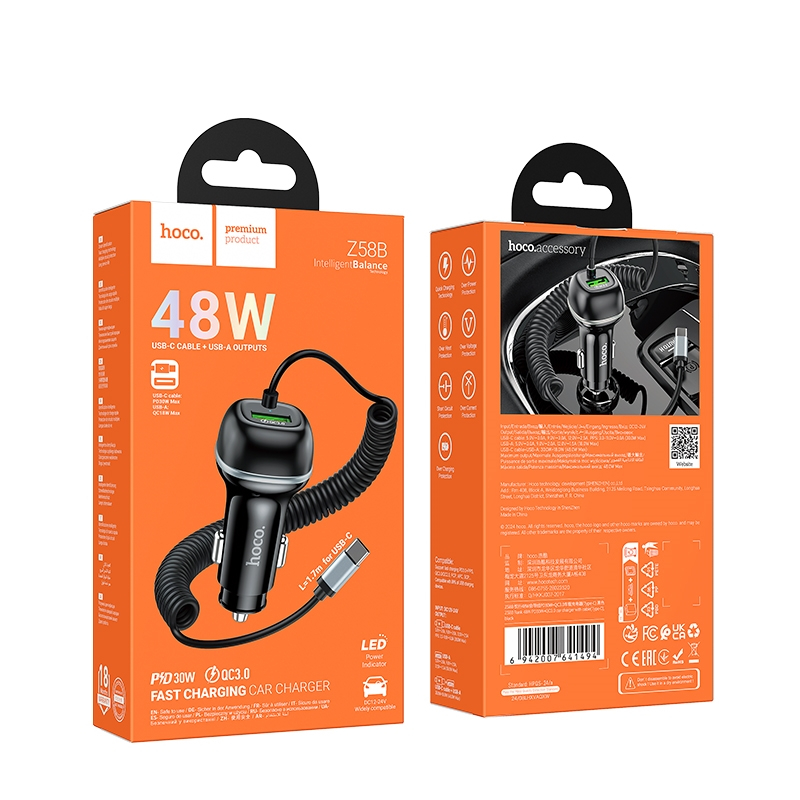 Hoco Z58B 48W PD30W+QC3.0 Car Charger (Type-C) หัวชาร์จในรถพร้อมสายชาร์จในตัว ส่งด่วน