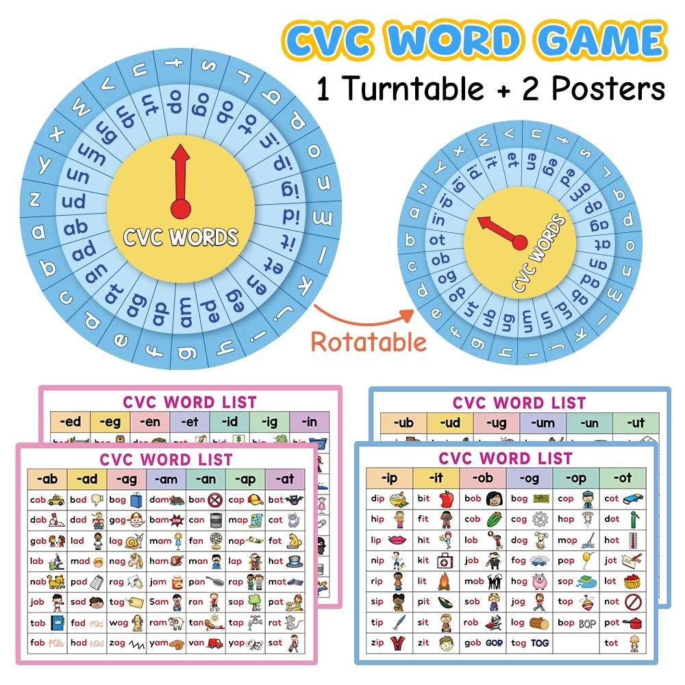 English CVC Words Spelling Matching Memory Game for Kids Kindergarten Phonics Sight Words Turntable Educational Toys