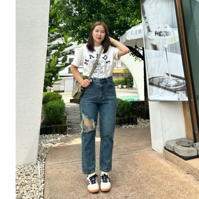 กางเกงยีนส์ รหัสL35 ทรงบอยสีเข้มสนิมแต่งขาดเองสูงผ้าไม่ยืด เอว25-40นิ้วS-5xlกางเกงยีนส์ผู้หญิง