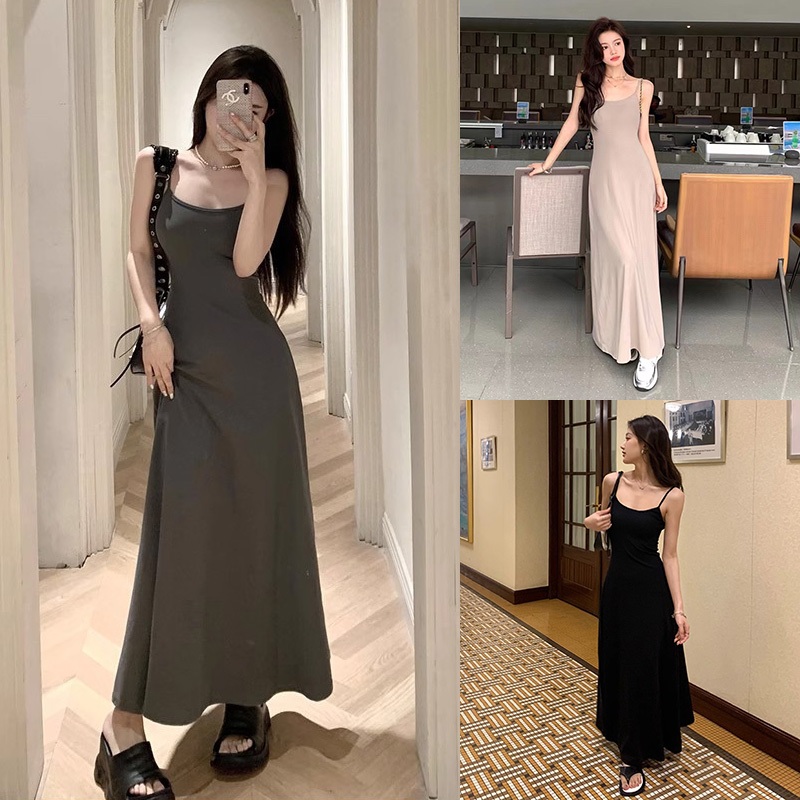 Linda ชุดเดรสสไตล์เกาหลีเรียบง่าย กระโปรงสายเดี่ยวทรงเอเปิดไหล่ สีดำเซ็กซี่เดรสยาวเข้ารูป