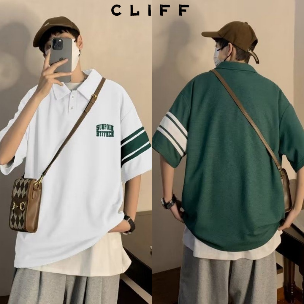 CLIFF วาฟเฟิล แขนสั้นของผู้ชาย เสื้อโปโลคอปก สไตล์อเมริกัน ความสดชื่น