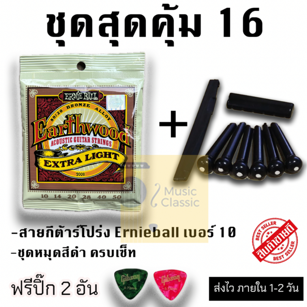 สายกีต้าร์โปร่ง Ernieball เบอร์ 10 และ ชุดหมุดสีดำ หรือ ชุดหมุดสีขาว ครบเซ็ท แถมฟรี ปิ๊กจำนวน 2 อัน