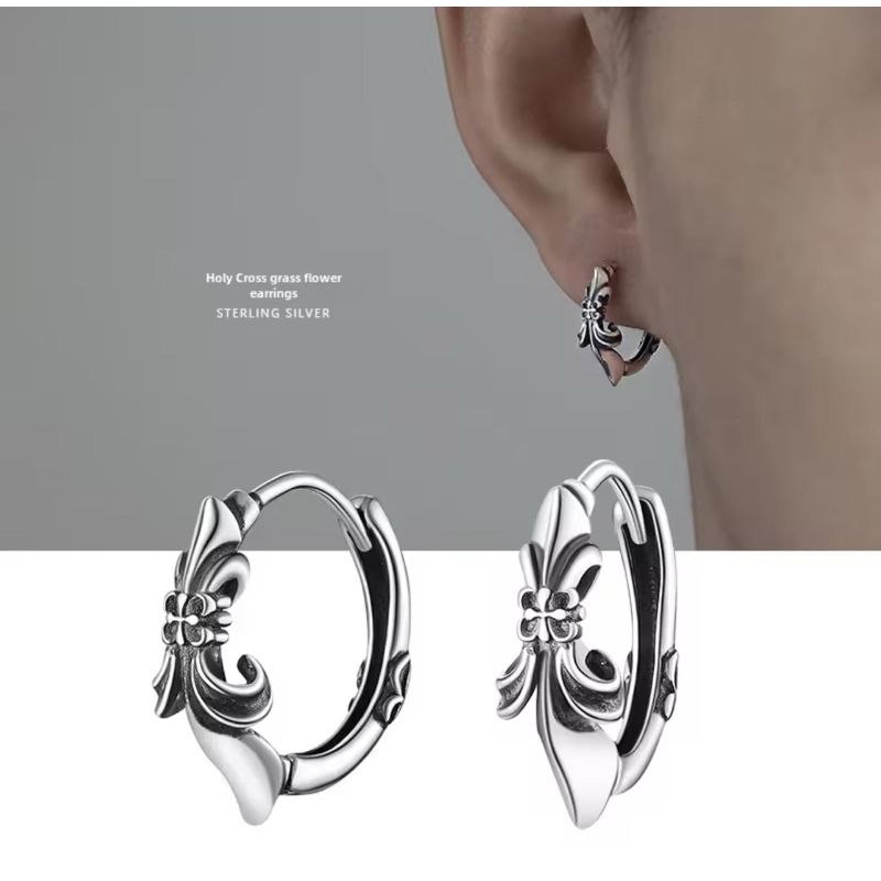 ต่างหูห่วงเงิน 925 ⚜️ลวดลายหรูวินเทจ 1 คู่ สไตล์ Gothic floral cross