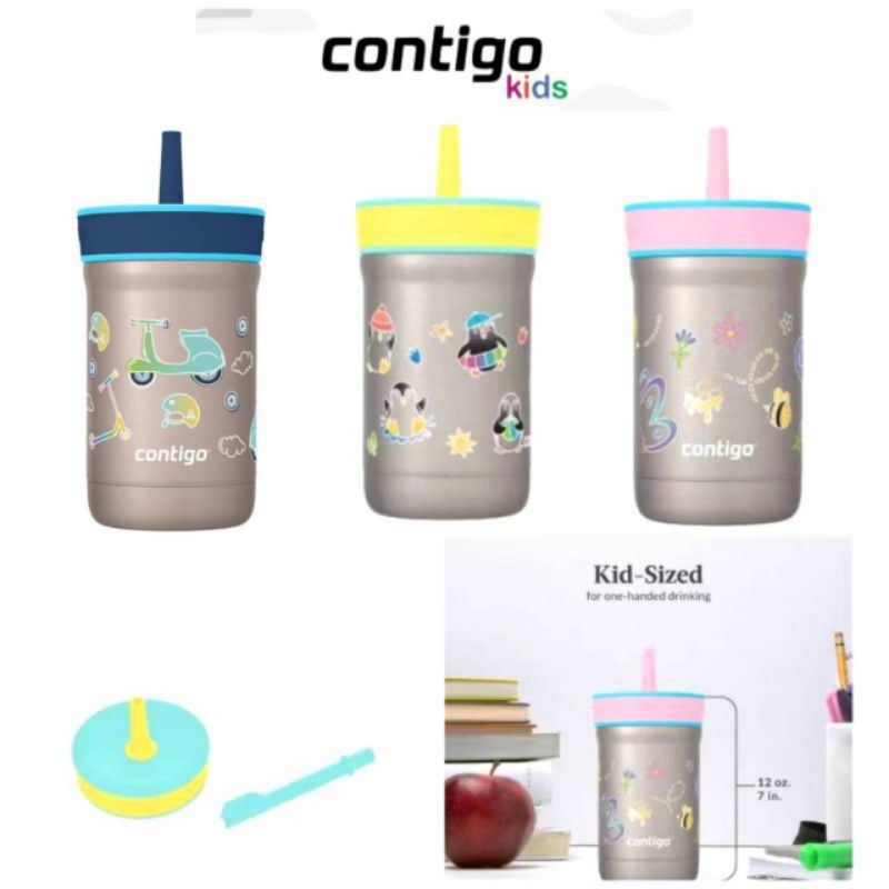 NEW!! Contigo Leighton Vaccum-Insulated Kids Water Bottle, 12oz. แก้วน้ำเด็กสแตนเลสเก็บความเย็น แบบหลอดดูด