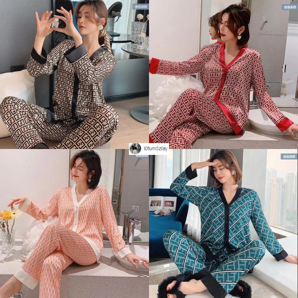 (ราคาถูกที่สุด) ชุดนอนผู้หญิง，ชุดนอนผ้าซาติน， ชุดนอน 2 ชิ้น， ขายาว+เสื้อ，M-2XL