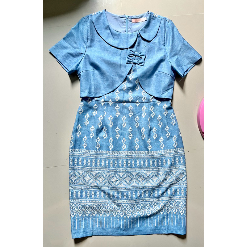 ชุดเดรส ผ้าไทยพิมพ์ลายพระราชทาน สีฟ้า Elgrand ไซส์ L