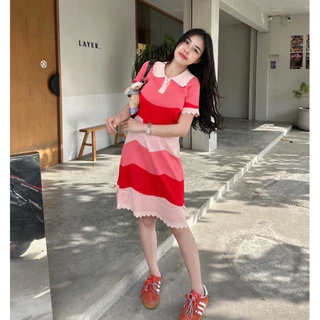 Dzaishop💕เดรสไหมพรม ทรงคอโปโล✨ทอลายหยักคลื่นสลับสีพาสเทล ตัวเดียวสวยจบ
