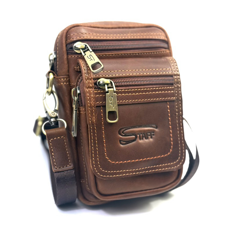 Chinatown Leather กระเป๋ามือถือหนังวัวแท้ร้อยเข็มขัดสีน้ำตาลสะพายได้ สะพายยาวได้ ถอดสายได้ คาดเอวได้