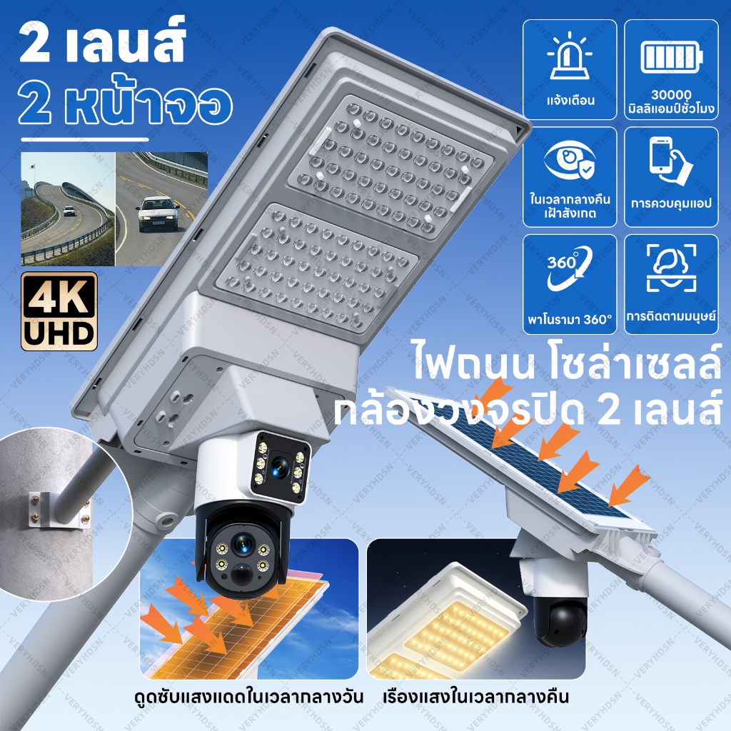 กล้องวงจรปิด LED ไฟสปอตไลท์ / 4G SIM Solar CCTV / 8MP 4K เลนส์คู่ / ไฟถนนโซล่าเซลล์ / กันน้ำกลางแจ้ง
