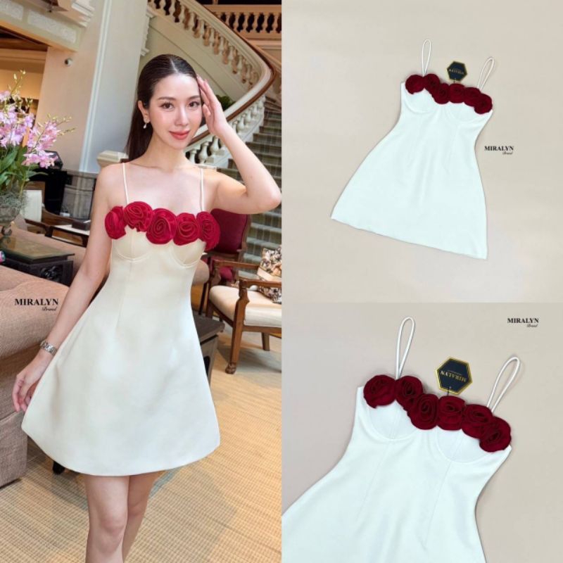Miralyn เดรสสายเดี่ยวสีครีมแต่งดอกไม้แดงทรงเก๋สวยน่ารัก