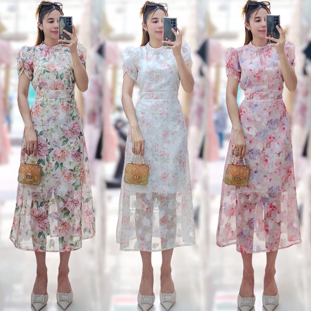 #382# Maxi Dress คอเต่า ดีเทลแขนยกแบบเจ้าหญิง คอเต่า ผ้าชีฟองออแกนดี้ปัก