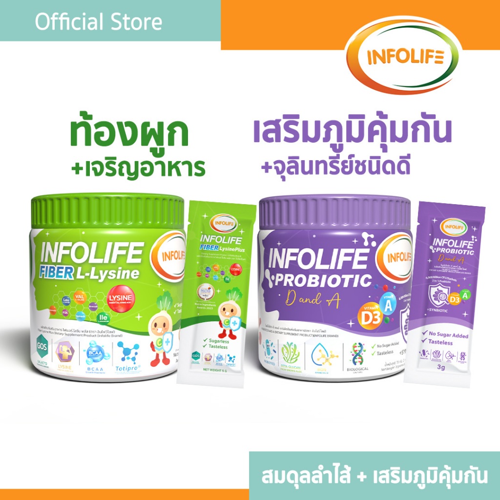 (2 กระปุก) อินโฟว์ไลฟ ไฟเบอร์ แอล-ไลซีน+ โพรไบโอติกส์ ดีแอนด์เอ เสริมภูมิคุ้มกัน แก้ท้องผูก กินเก่ง สำหรับเด็ก ส่งฟรี