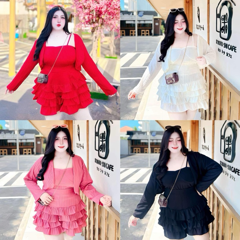 เซ็ต 3 ชิ้นผ้าด๊อบบี้ สายเดี่ยว+เสื้อคลุม+กางเกง สำหรับสาวอวบอ้วน อก36-48 ใส่สวยน่ารักสุด