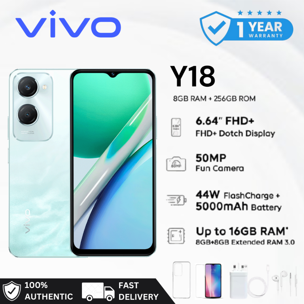 Vivo Y18 |. โทรศัพท์ Vivo |. (8GB RAM+128GBROM) |. หน้าจอ 6.56" | แบต 5000mAh | ประกัน 1 ปี