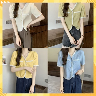สุดฮิต เสื้อผ้าแฟชั่น เสื้อผ้าผู้หญิงคอวีแขนสั้นงานเกาหลีเกาใจสุดๆ กระดุมแต่งด้านหน้าสีพื้นมี เนื้อผ้านุ่มใส่สบาย