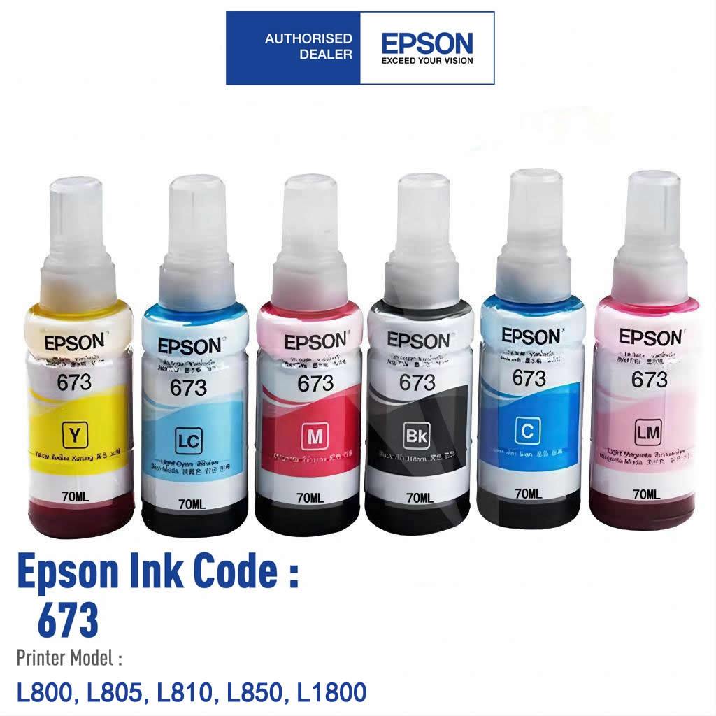 หมึก Epson 673 6สี หมึกเติมของแท้ % แบบไม่มีกล่อง L800/L805/L810/L850/L1800