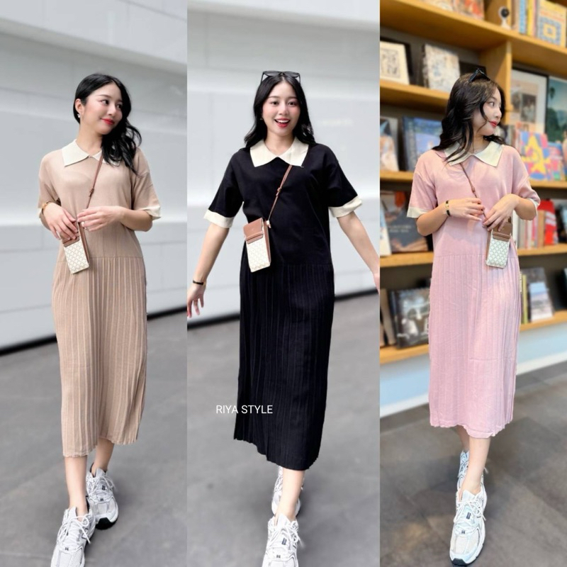 ชุดเดรสไหมพรมคอปกตัวยาวแต่งขอบขาว ผ้านิ่มใส่สบาย ทรงสวยมาก สาวอวบใส่ได้ SK3038