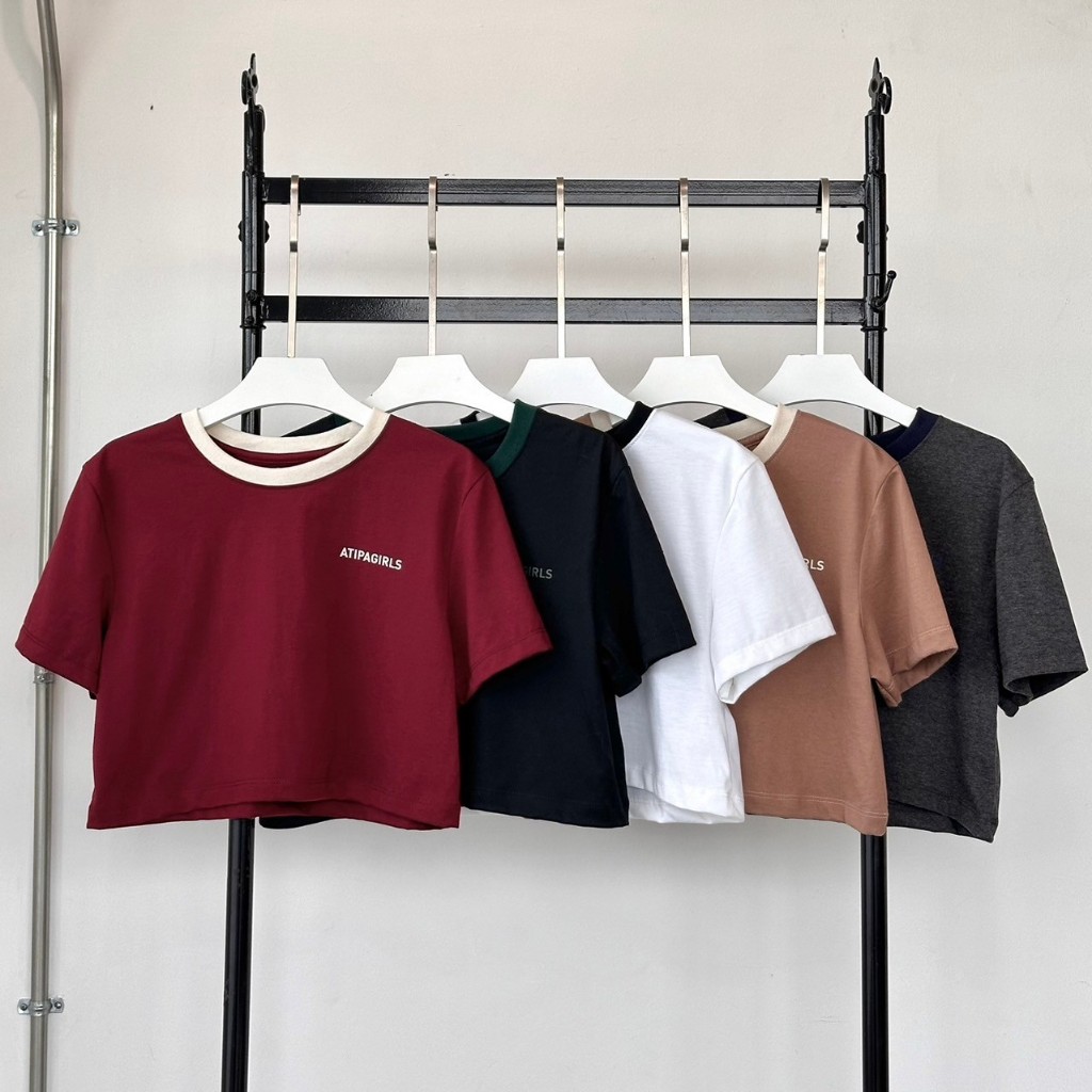 Atipashop - ATIPA GIRL CROP เสื้อยืด ครอป แขนสั้น คอกลม สีทูโทน สกรีนลาย