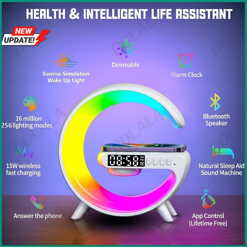 COD G63 ลำโพงบลูทูธไร้สาย+แทนชาร์จไร้สาย+โคมไฟ+นาฬิกาปลุก 15W Super LED Bluetooth 5.2 RGB Wireless C