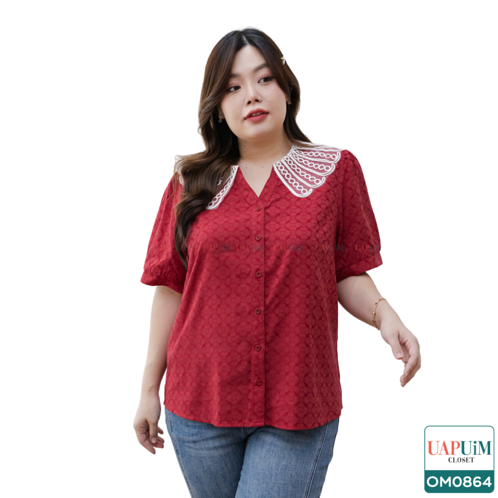 (OM0864)เสื้อแขนสั้นสาวอวบเสื้อแขนสั้นคอปกสุดคลาสสิก สไตล์มินิมอล ผลิตจากผ้าคอตตอนพิมพ์ลายเกรดพรีเมี่ยม