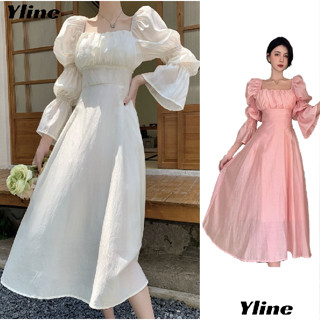 YLINE เดรสเอวขาวฝรั่งเศส กระโปรงทรงพัฟ แขนยาว เดรสคอเหลี่ยม