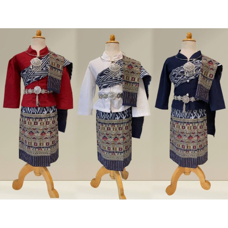 ชุดพื้นเมืองเด็กหญิงภาคอีสาน3ชิ้น เสื้อ ผ้าถุง สไบ ผ้าฝ้ายพิมพ์ลาย ใส่แล้วไม่ร้อน อาเชี่ยน ชุดลาวเด็