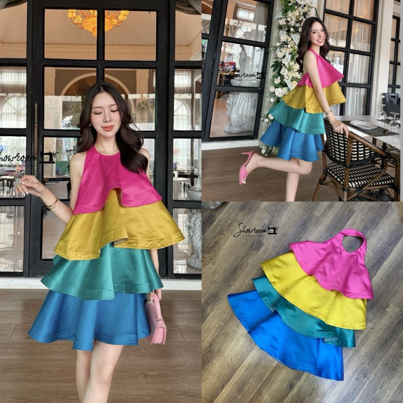 code: D0523 ชุดเดรสแต่งระบาย เดรสสลับสี งานป้าย Showroom