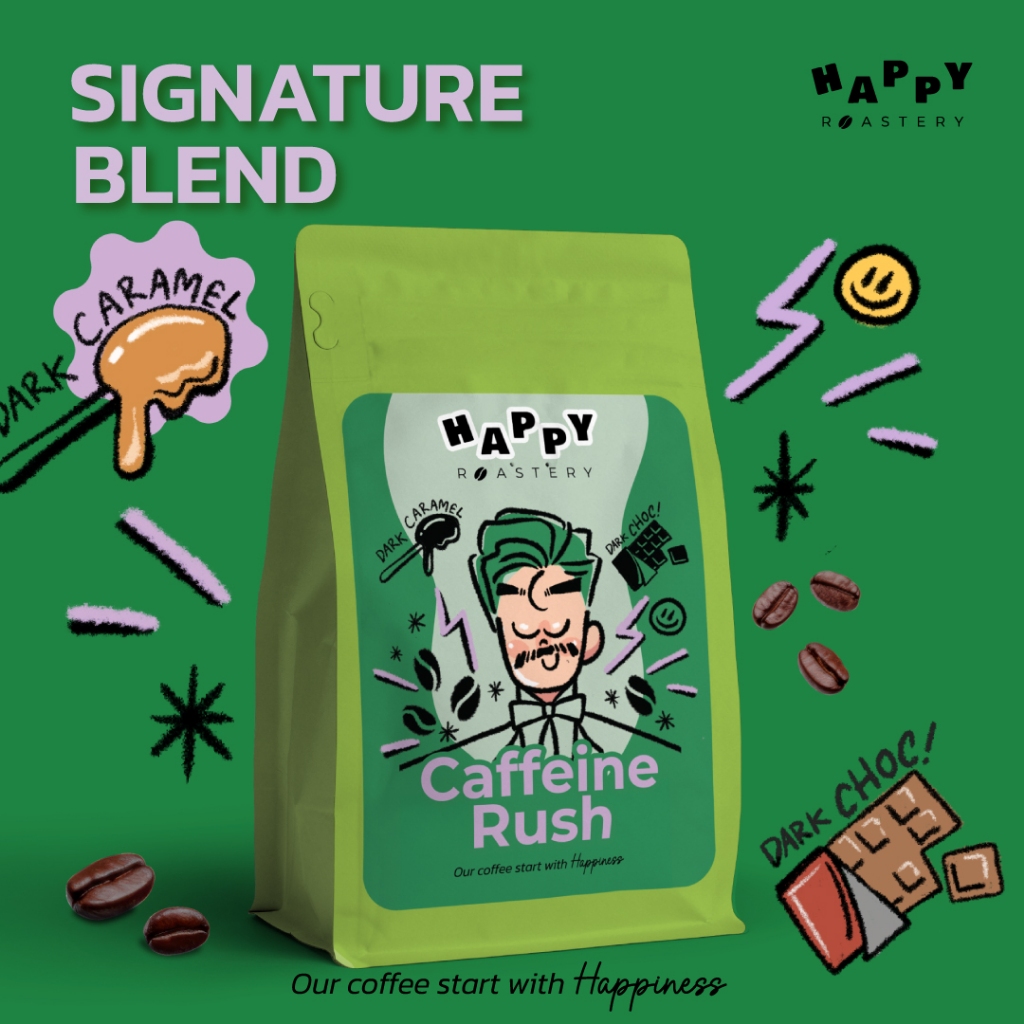 เมล็ดกาแฟคั่วเข้ม โรบัสต้า 100% ไม่เปรี้ยว คาเฟอีนสูง ลาเต้/เอสเพรสโซ 200g Happy Roastery Caffeine Rush