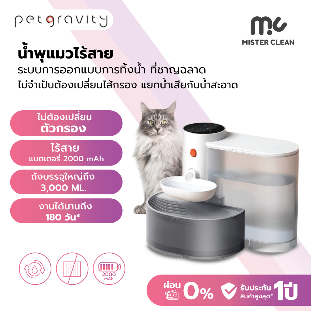 MC x Pet Gravity น้ำพุแมวไร้สาย ไม่วนน้ำเก่า ไม่ต้องคอยเปลี่ยนไส้กรองแยกถังน้ำสะอาด/สกปรก ใช้งานง่าย ถังน้ำใหญ่ 3 ลิตร