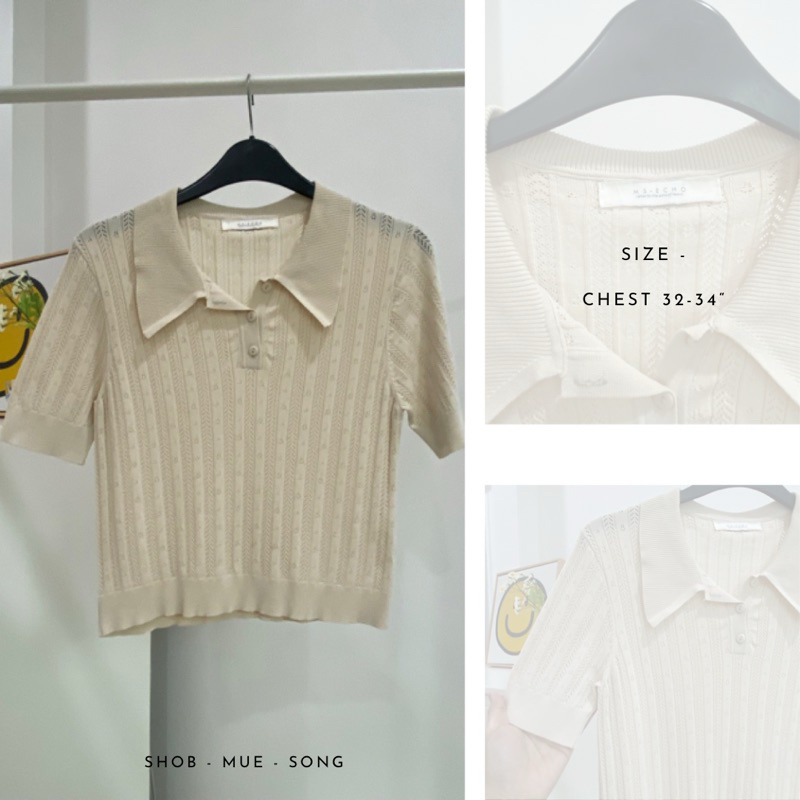 เสื้อ โปโล ผ้าฉลุ ลูกไม้ ครอป สีครีม มือสอง