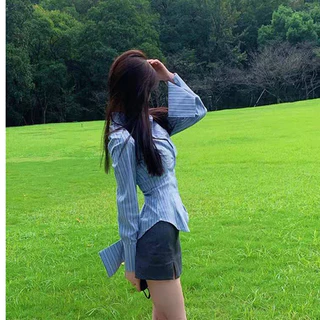 MKLเสื้อเชิ๊ตลายทาง เข้ารูปดึงเอว ปักลาย สไตล์อเมริกัน สำหรับผู้หญิง แฟชั่นฤดูใบไม้ผลิ #2325