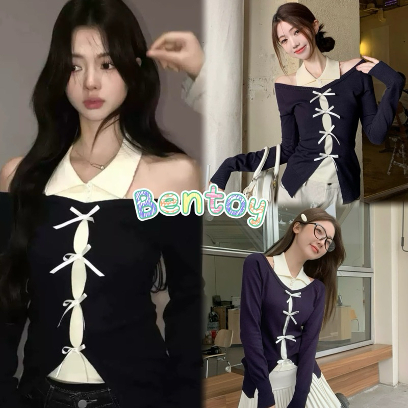 Bentoy(M2938)เสื้อแขนยาวไหมพรม แต่งคอปก ปาดไหล่ ติดโบว์หน้าอก ดีเทลเสื้อสองชิ้นติดกัน