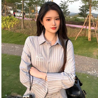 MKLเสื้อเชิ๊ตลายทาง เข้ารูปดึงเอว ปักลาย สไตล์อเมริกัน สำหรับผู้หญิง แฟชั่นฤดูใบไม้ผลิ #2325