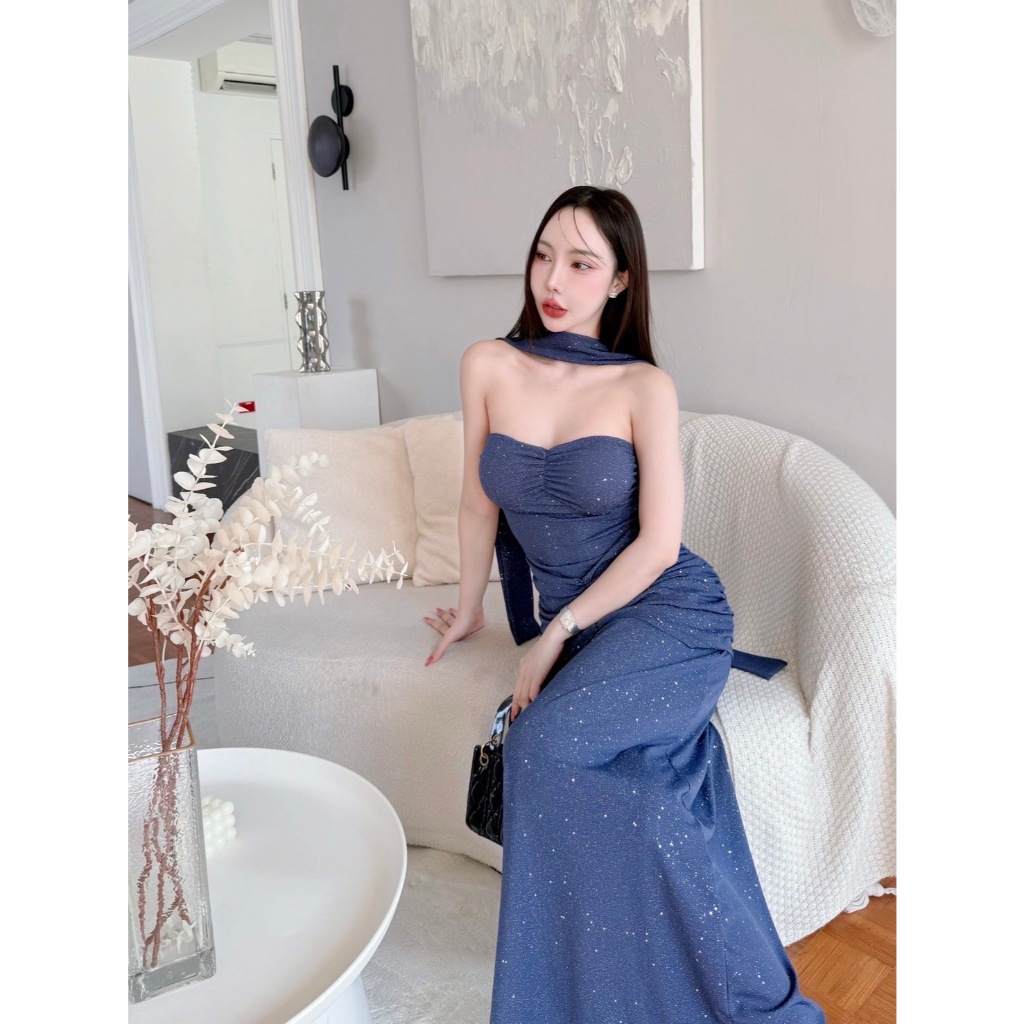 Dinny Dress เดรสออกงาน เดรสยาวเกาะอก รุ่นจีบหน้า+ผ้าพันคอ  ชุดไปงานแต่ง ชุดเพื่อนเจ้าสาว ชุดออกเดท - รูปที่ 3