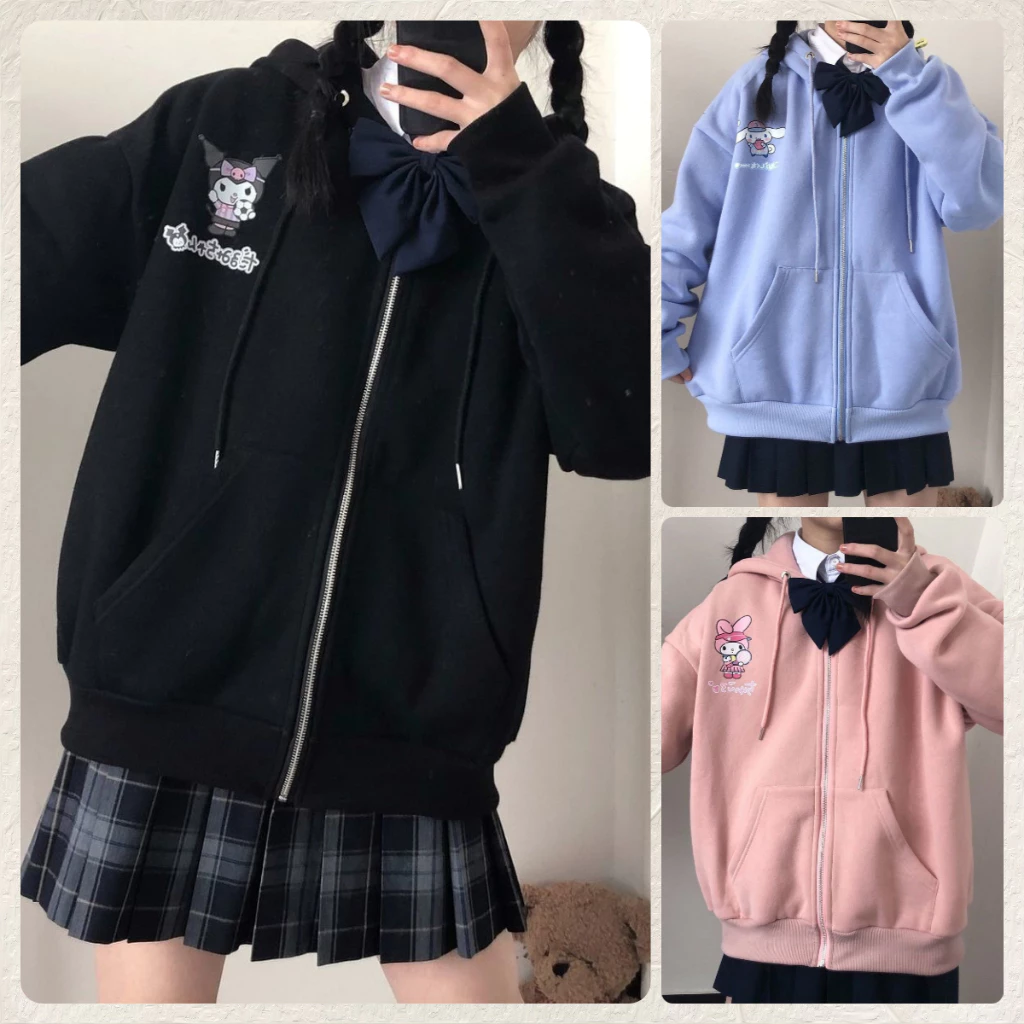 MISSYO เสื้อกันหนาวมีฮู้ดผู้หญิง ลายการ์ตูน มีซิป น่ารัก ผ้าสำลี หนื้อหนานิ่ม สไตส์เกาหลี