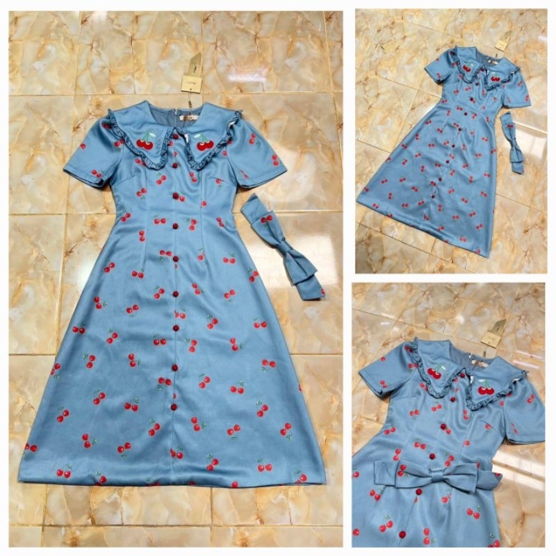 464 S,M,L,XL [วัดดึงสุด]เดรสยีนส์ยาวพร้อมกิฟลายเชอรี่ลุกน่ารัก